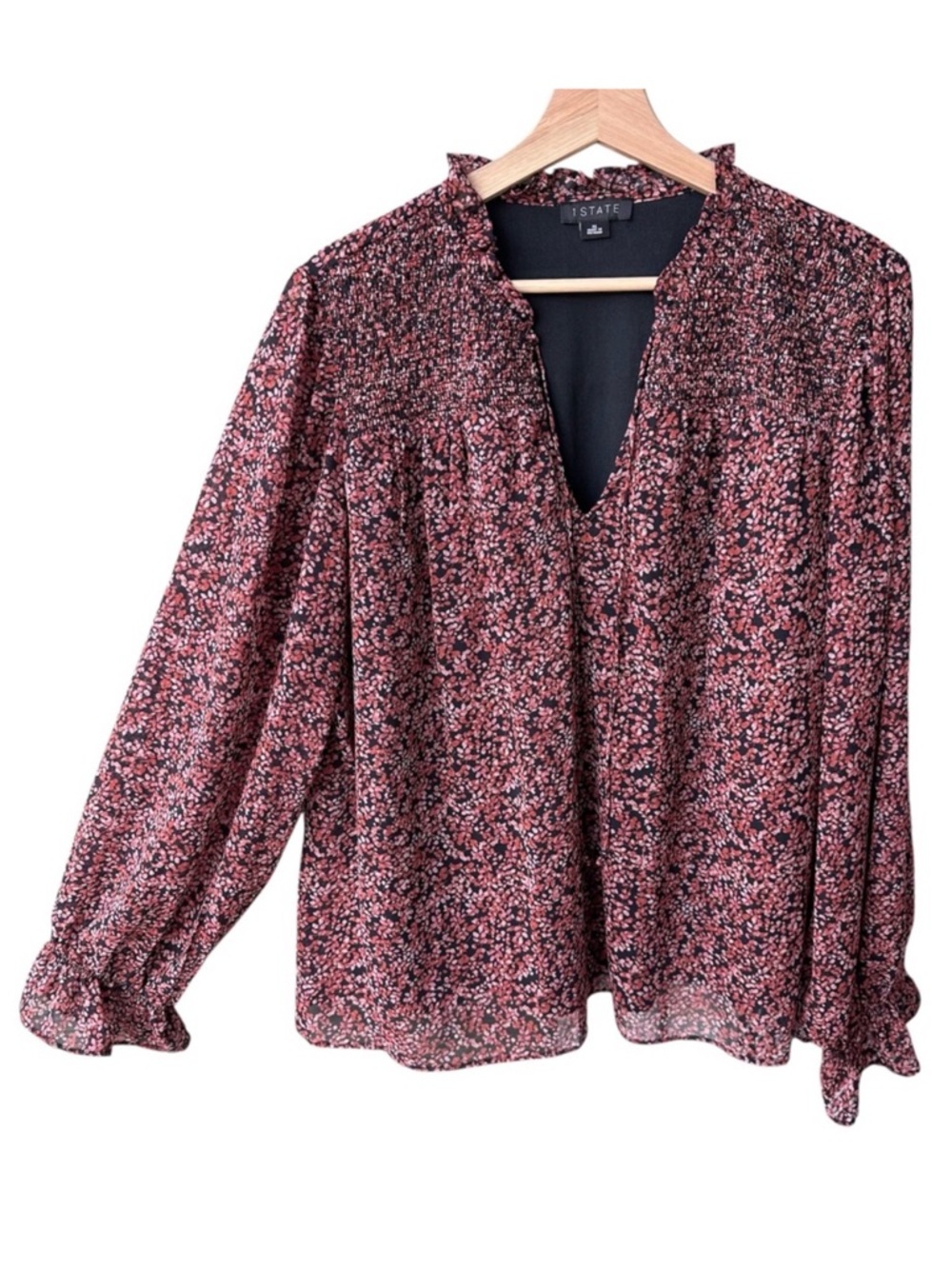 1.STATE Blouse Top Floral Smocked Neck Long Sleeve V-Neck Preppy Formal Size XL